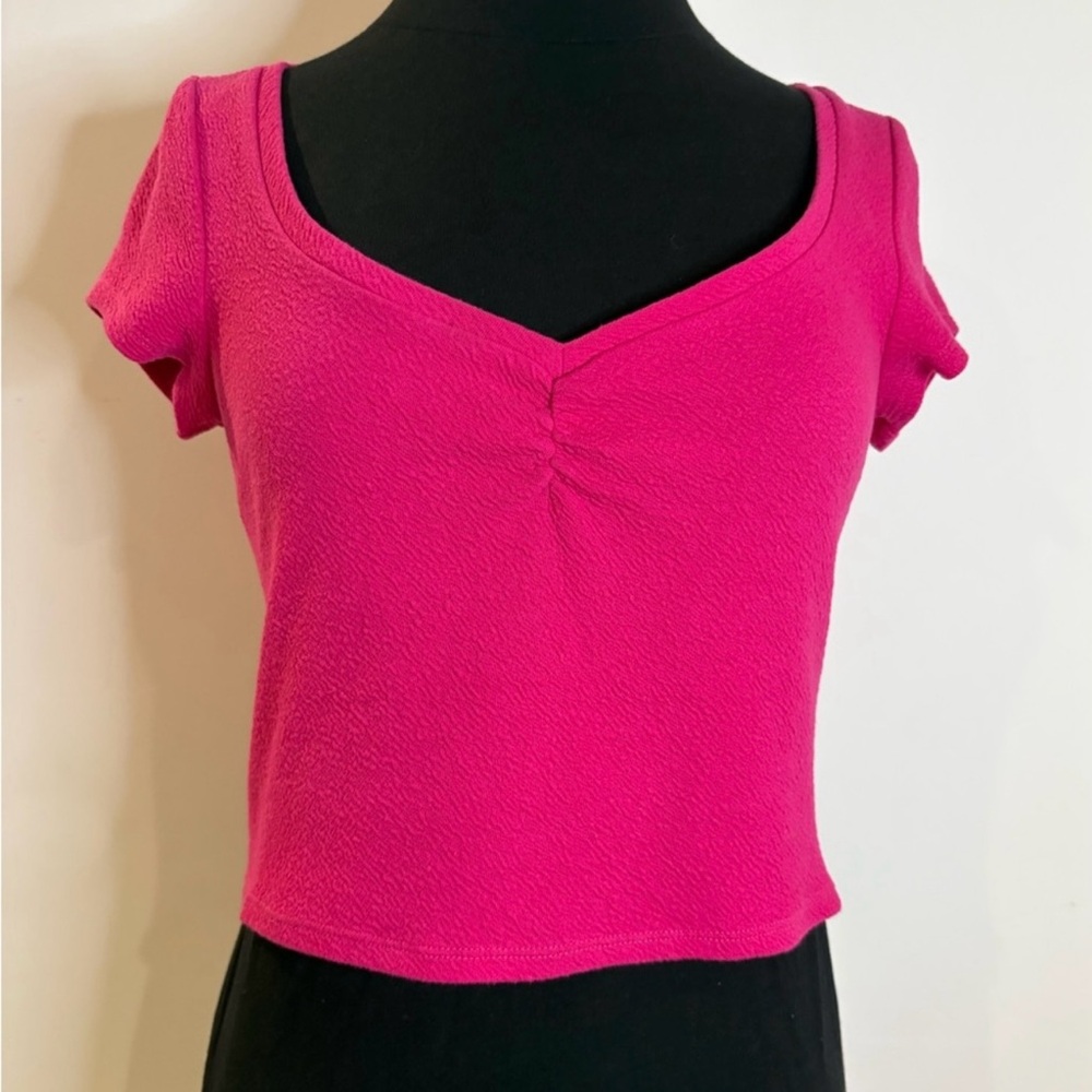 Anthropologie Pink Ruched V-Neck Short Sleeve Top Size Small - Picture 2 of 6